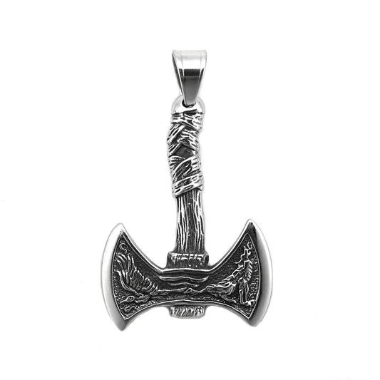 Steel Necklace - Vintage Viking Crow Head Double Axe Pendant