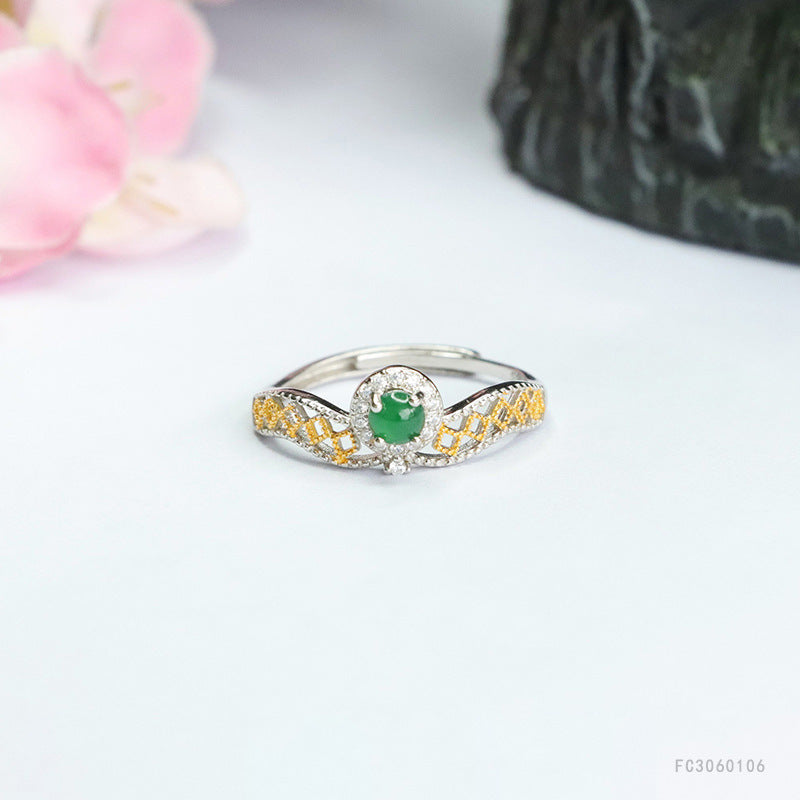 Icy Green Jadeite Openwork 925 Silver Adjustable Ring