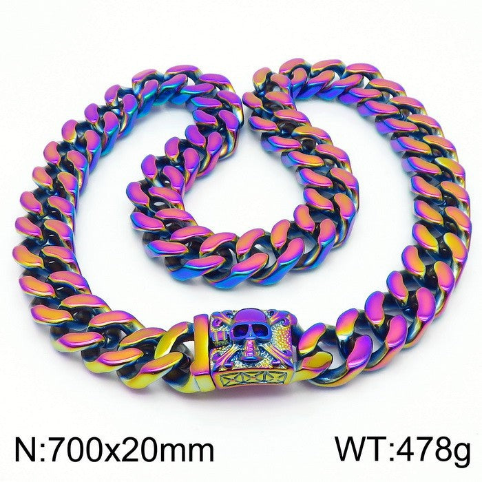 Bold Titanium Steel Skull Necklace - Retro Double-Sided Polished Cuban Chain for Men