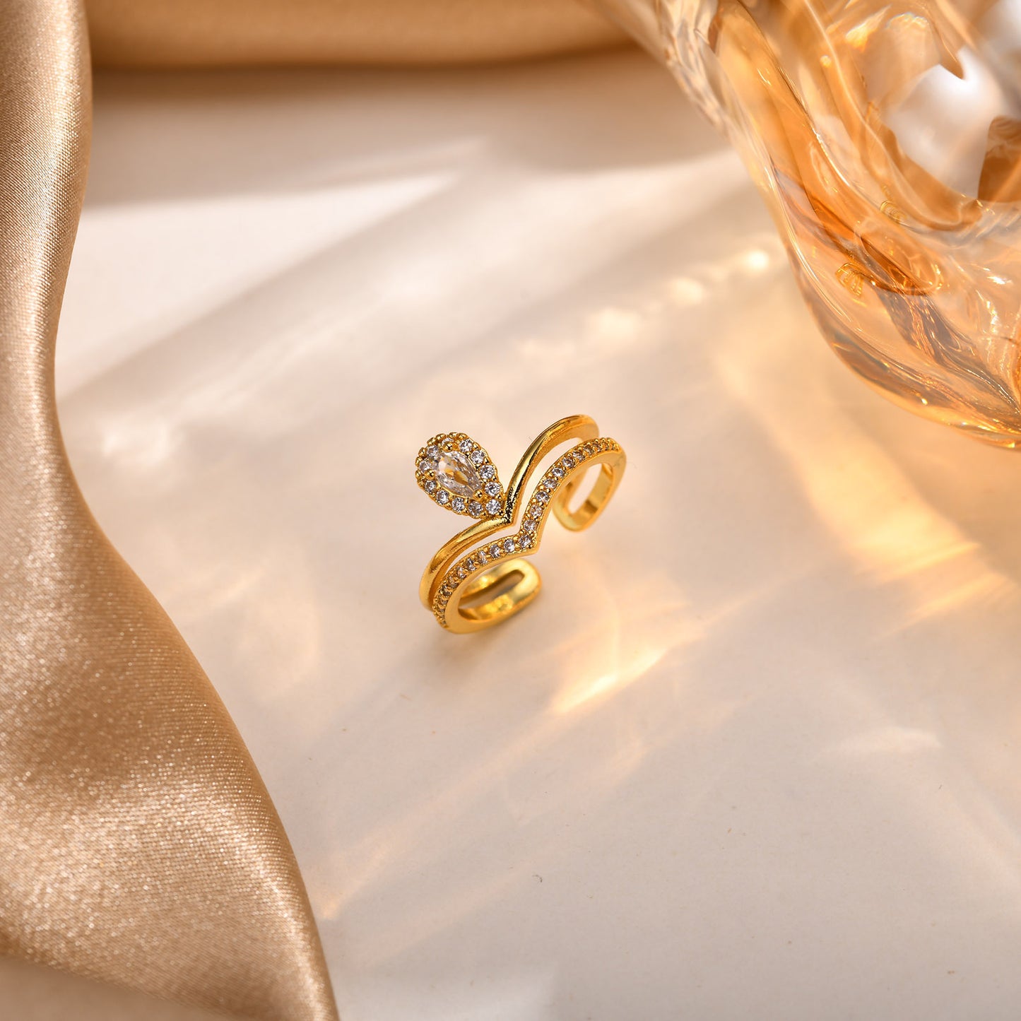 Ladies Gold Copper Zircon Quadrangram Water Drop Leaf Open Ring Jewelry