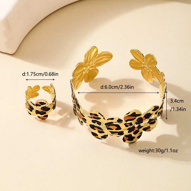Fashionable Metal Leopard Print Bracelet Ring Set for Women