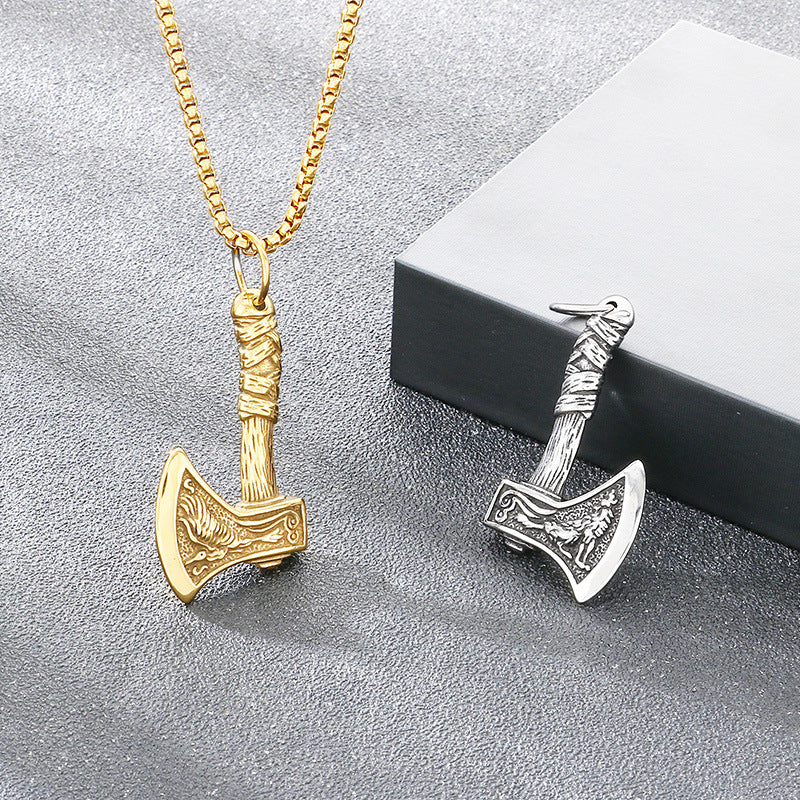 Nordic Viking Wolf Pattern Battle Axe Pendant – Punk Style Axe Amulet Titanium Steel Necklace