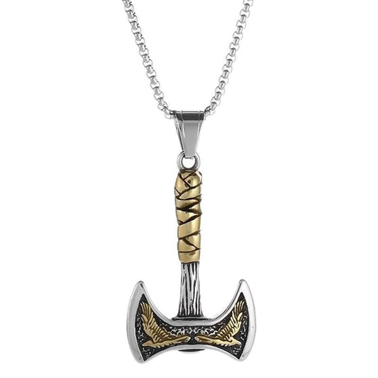 Viking Axe Pendant Necklace For Men Stainless Steel With Titanium Finish Double-Sided Bold Nordic Jewelry By Planderful