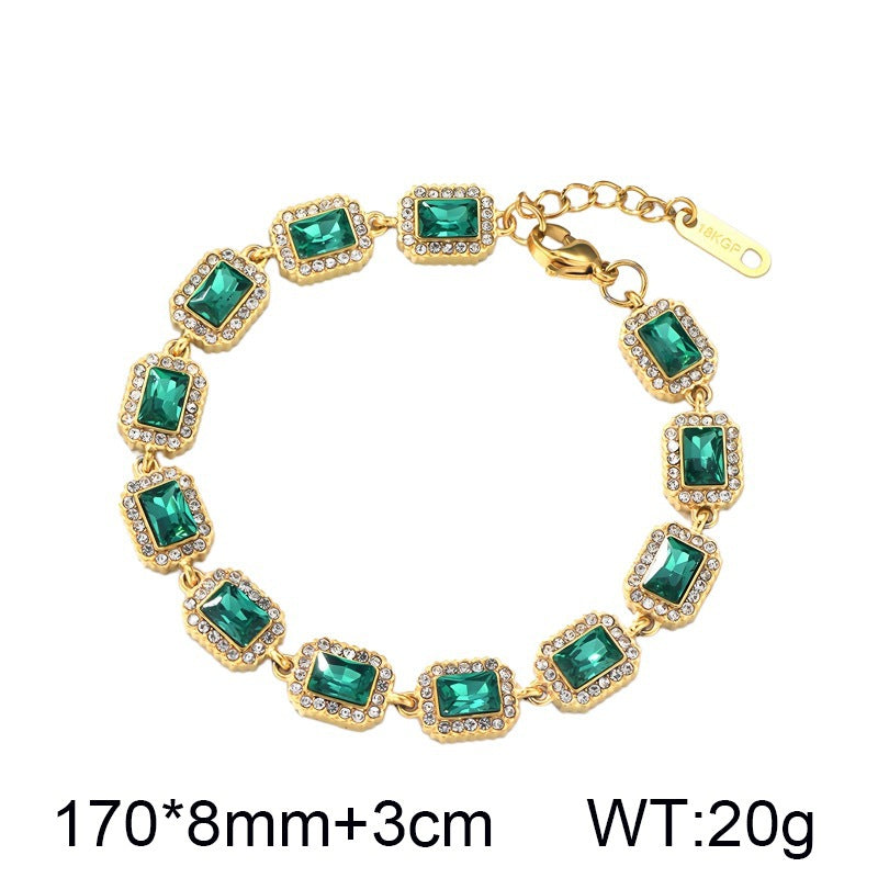 Color Surrounding Square Zircon Stainless Steel Bracelet Palace Style Adjustable