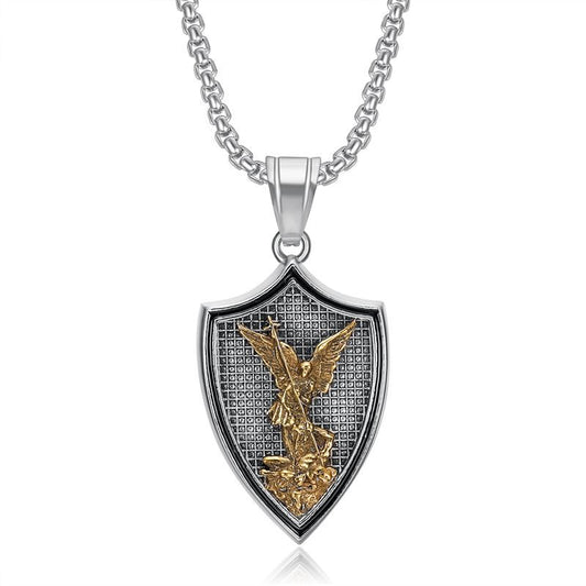 Steel Necklace - Vintage Saint Michael Shield Pendant