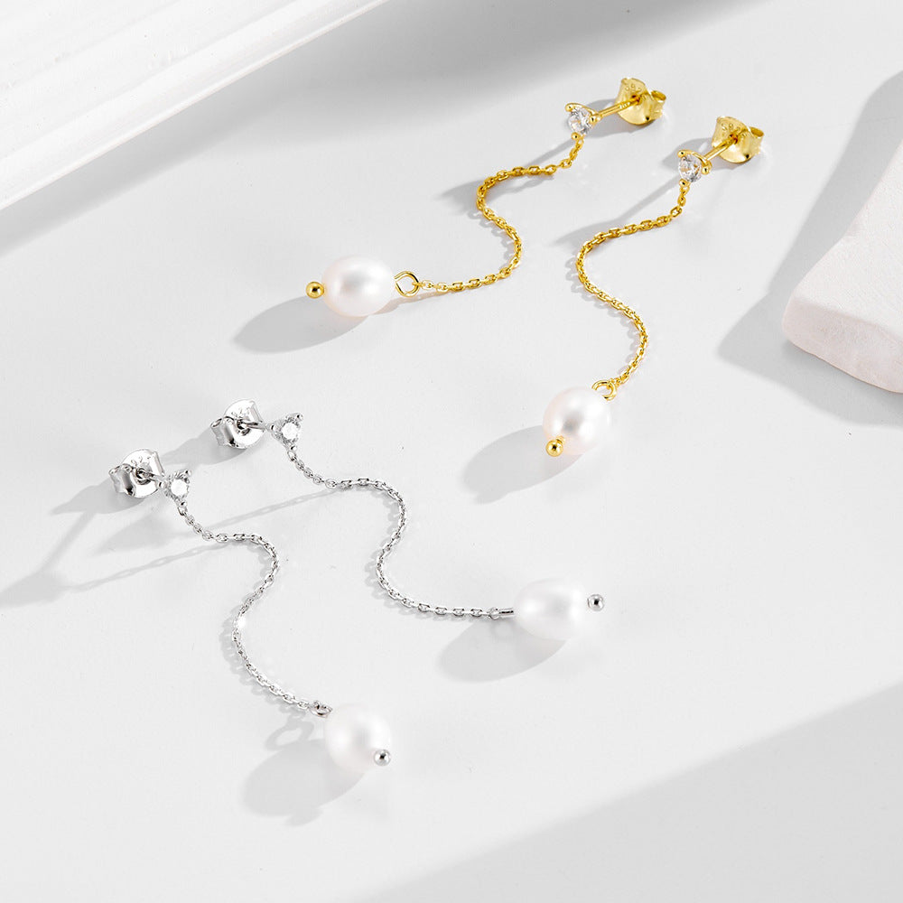 S925 Sterling Silver Stud Earrings, Natural Freshwater Pearl Earrings, And Versatile Long Fringed