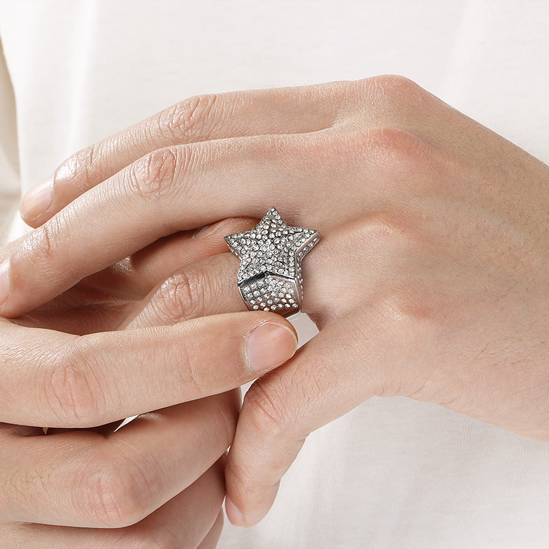 Luxury Zircon Star Ring, Hip-Hop Rock Full Of Zircon Three-Dimensional Five-Pointed Star Stainless