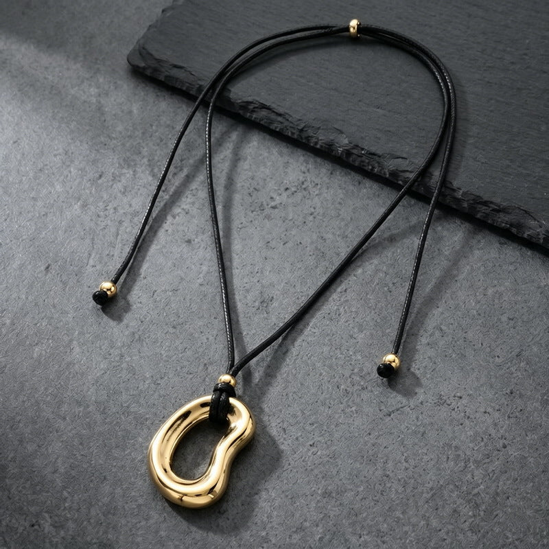 Minimalist Trend Versatile Irregular O-Shaped Pendant Adjustable Black Wax Rope Stainless Steel Men's Necklace