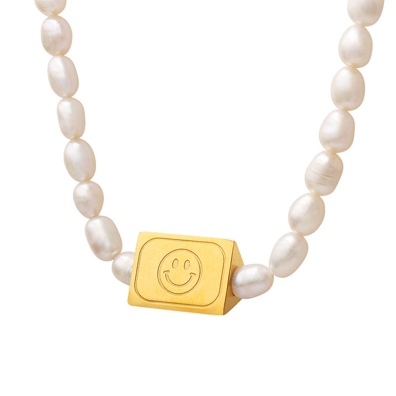 European American Triangle Carved Smiling Face Necklace - Titanium Steel & Freshwater Pearl