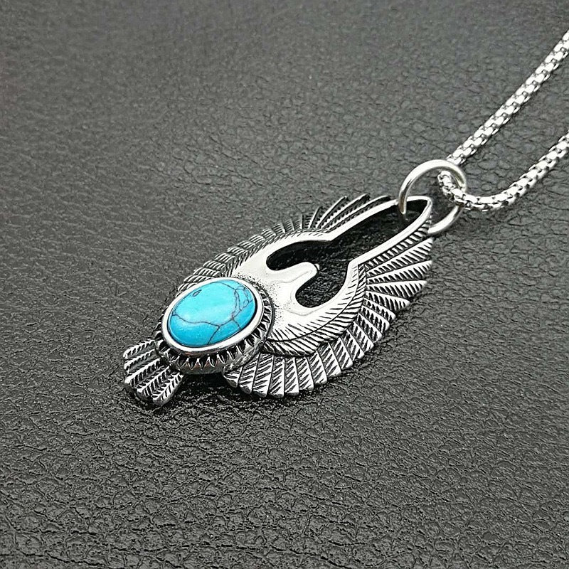 Planderful Polished Turquoise Eagle Titanium Steel Pendant Necklace Unisex Punk Retro Style