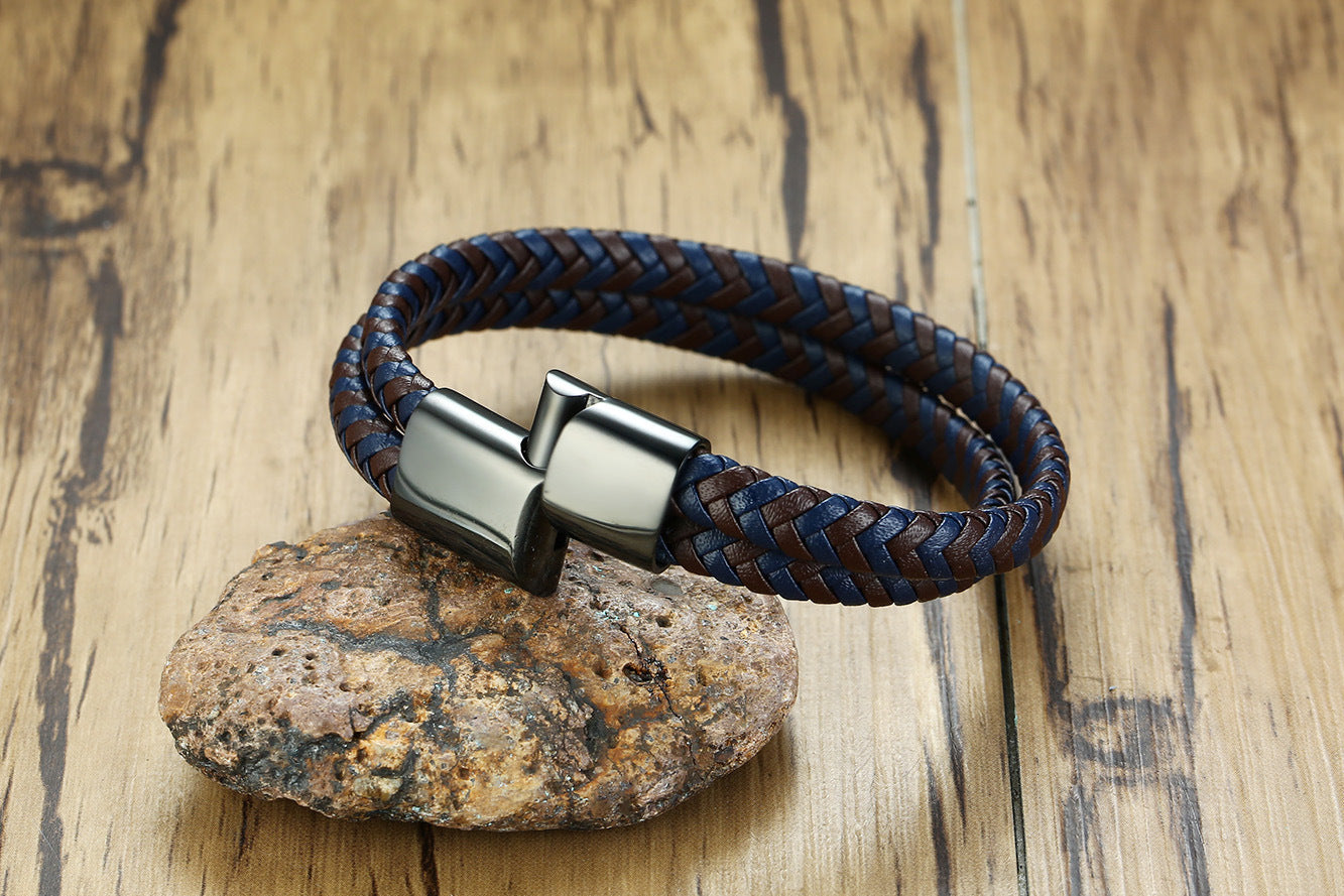 Men's Black Stainless Steel Leather Bracelet with Magnet Buckle