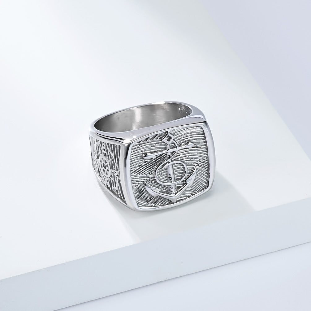 Planderful For Men Ring Anchor Rudder Steel Personalized