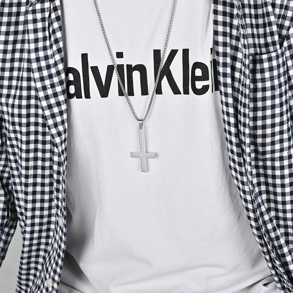 Planderful Titanium Steel Mens Necklace Upside Down Cross Pendant Retro Rock Style Jewelry