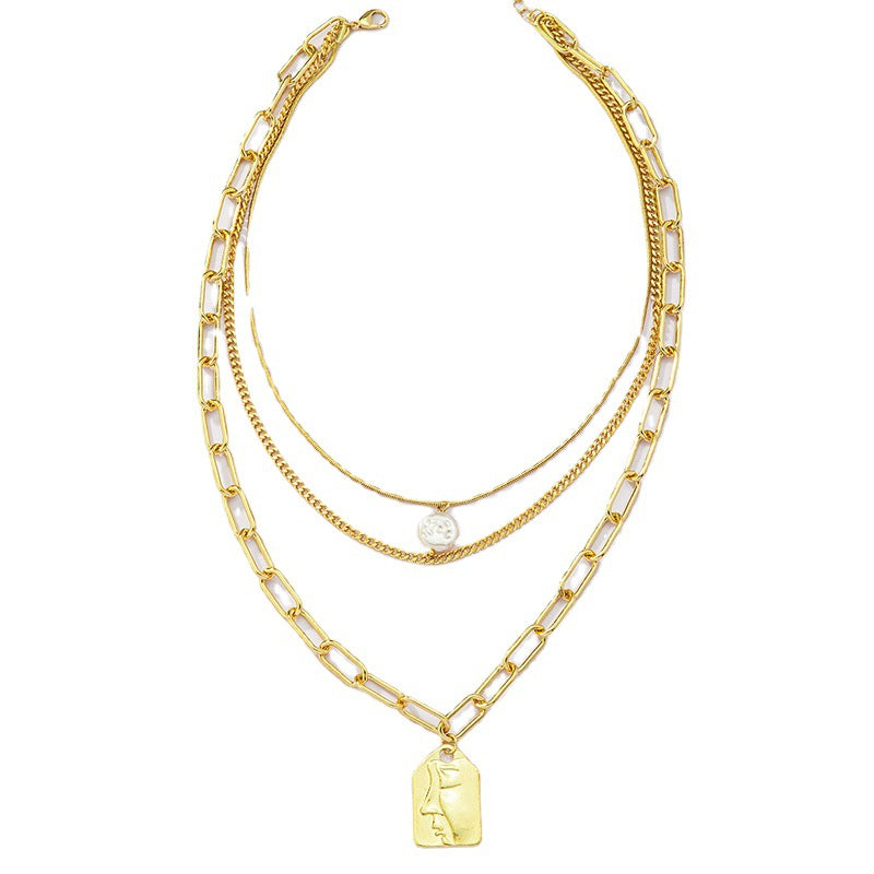 Triple Pearl Layer Necklace with Cross-Border Charm