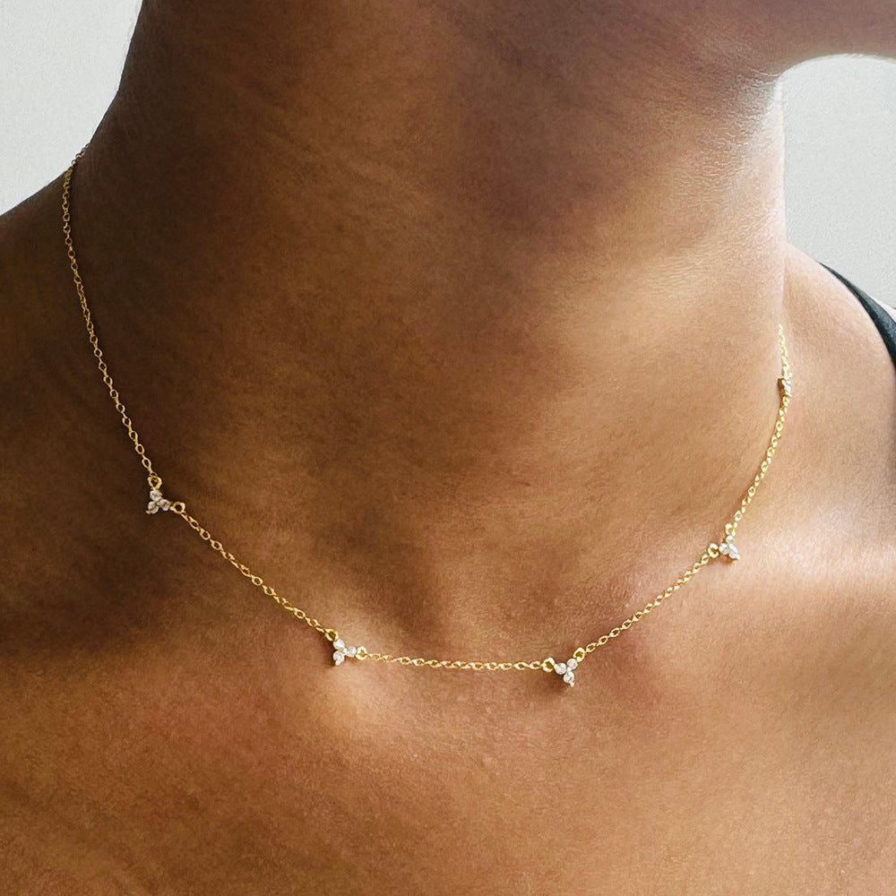 S925 Silver Clover Flower Zircon Necklace Micro-Inlaid With Three Pendant