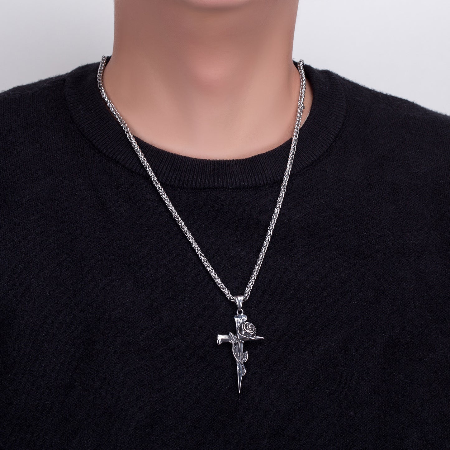 Steel Necklace – Elegant Rose Cross Necklace