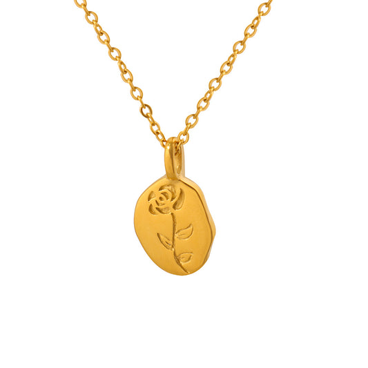Elegant 18K Gold Personalized Necklace with Titanium Steel Plated Rose Relief Oval Pendant