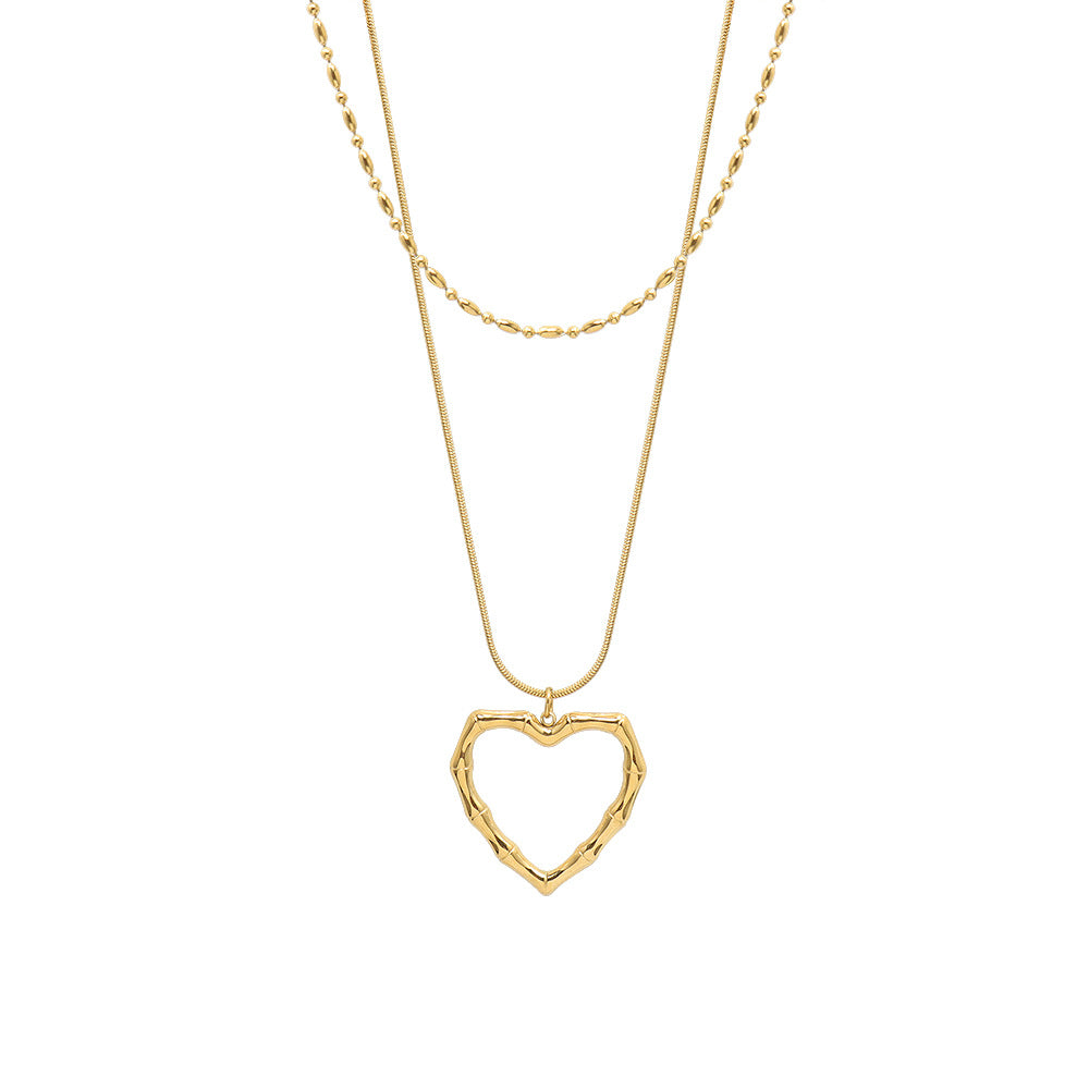 French Charm 18k Gold Double Heart Pendant Necklace