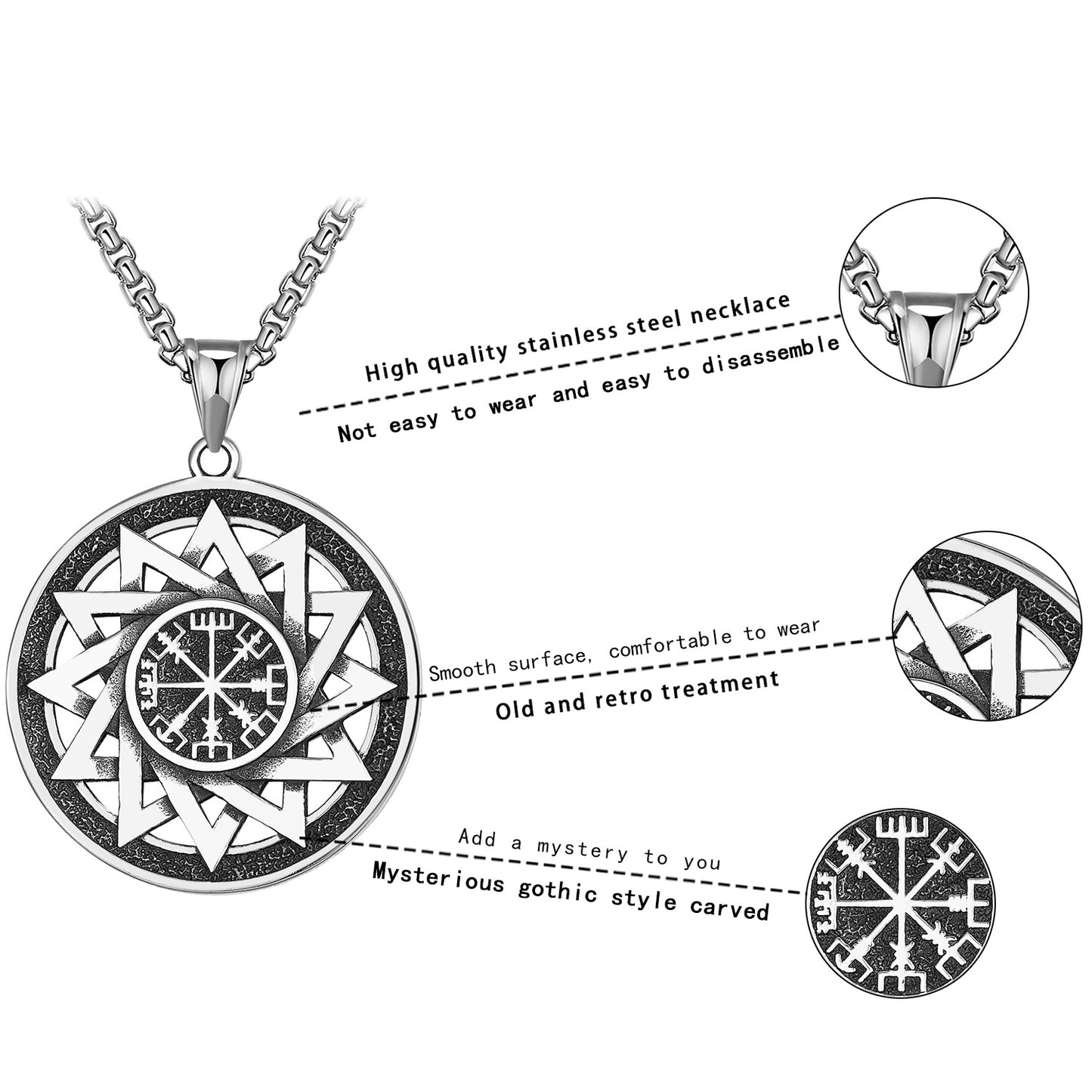 Titanium Steel Necklace - Vintage Nordic Viking Compass Rune Pendant For Men Casual Everyday Wear