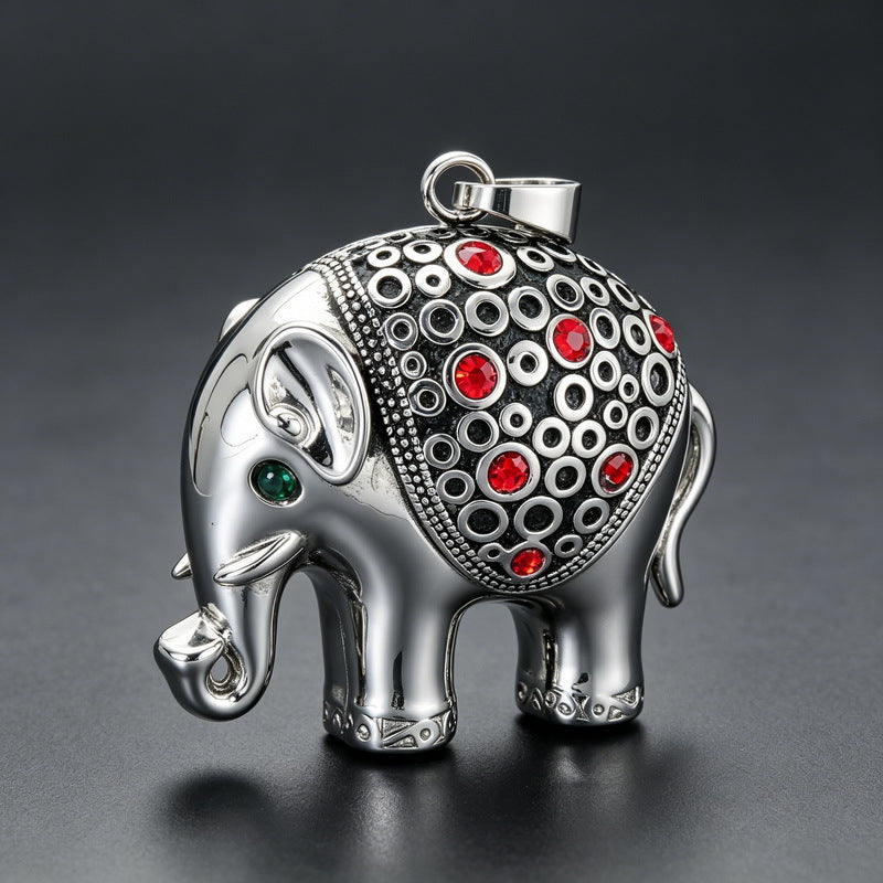 Vintage Ruby Jixiang Pendant Exotic Style Three-Dimensional Elephant Casting Pendant Stainless Steel Men's Necklace