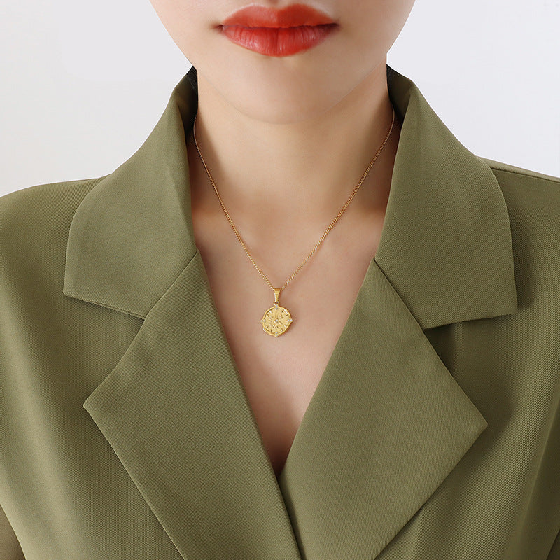 Vintage Zircon Clock Time Necklace with Hand and Foot Imprint Pendant