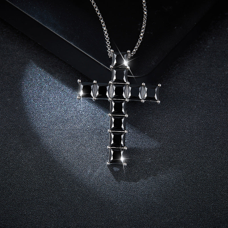 1.0 Carat Princess Cut Black Moissanite Cross Silver Necklace