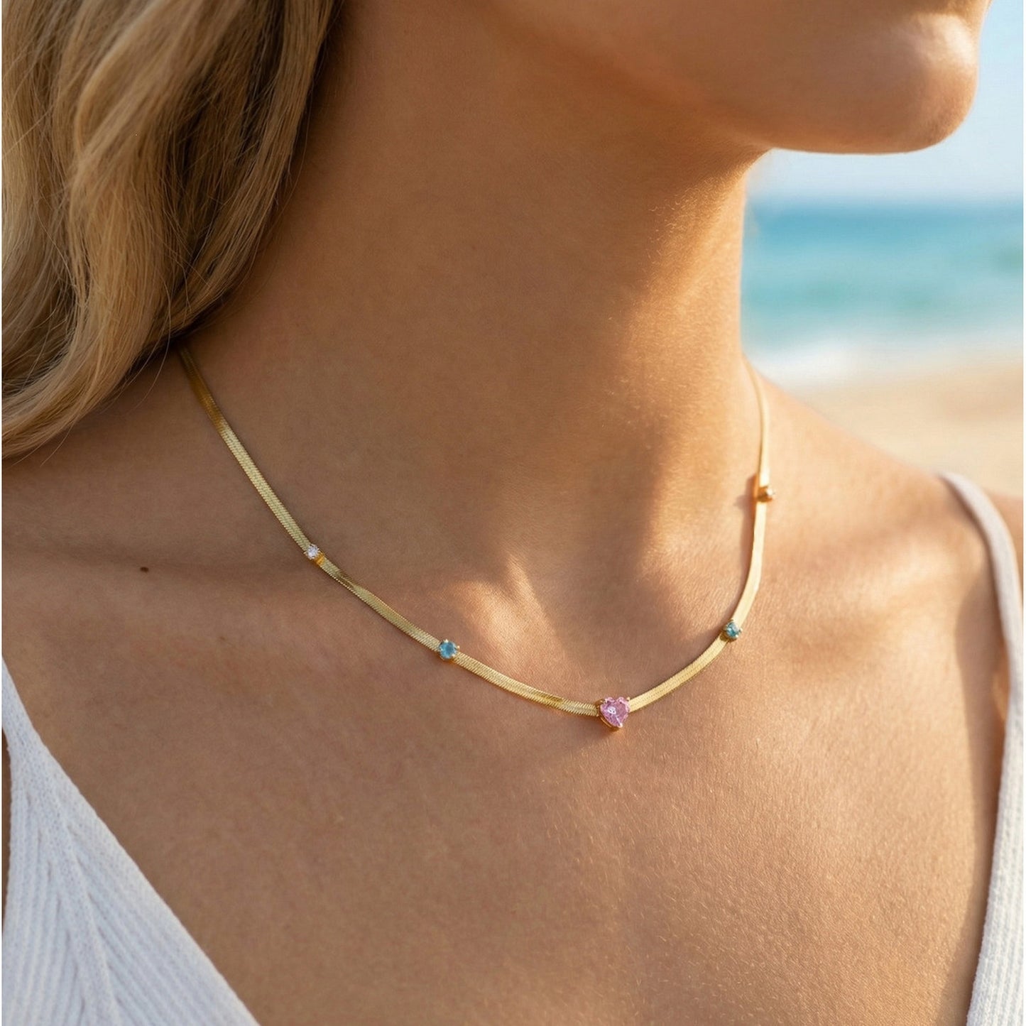 Single-Layer Clavicle Chain Stainless Steel Colored Zircon Blade Chain Women's Daily Wear Necklace