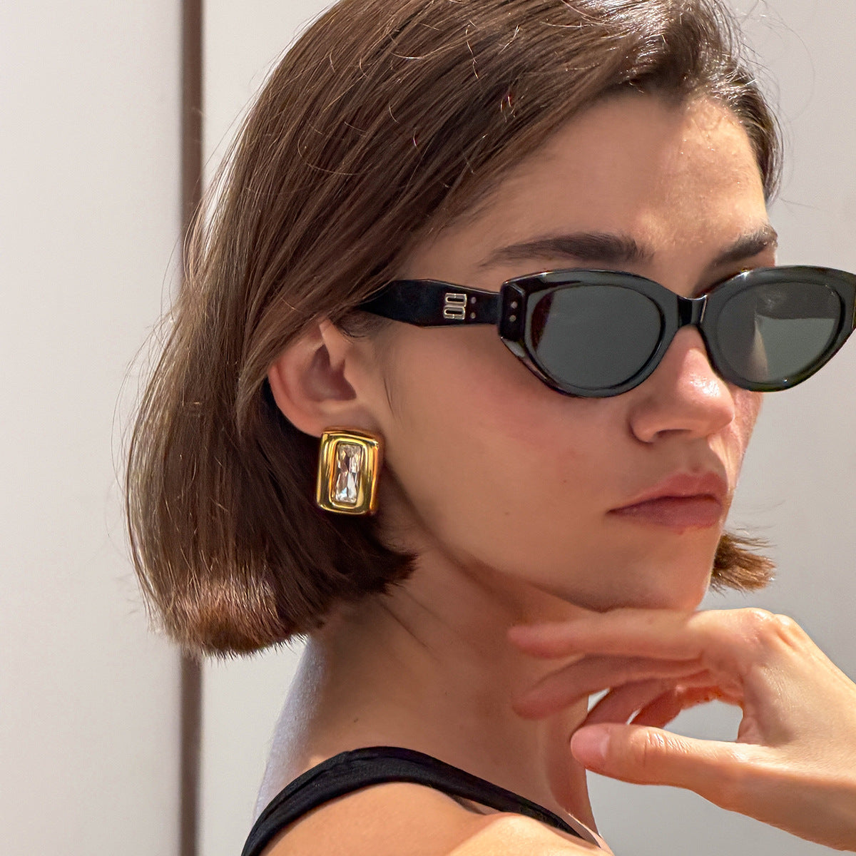 Stainless Steel Stud Earrings Retro Geometric Square Industrial Design Zircon Accent For Women By Planderful