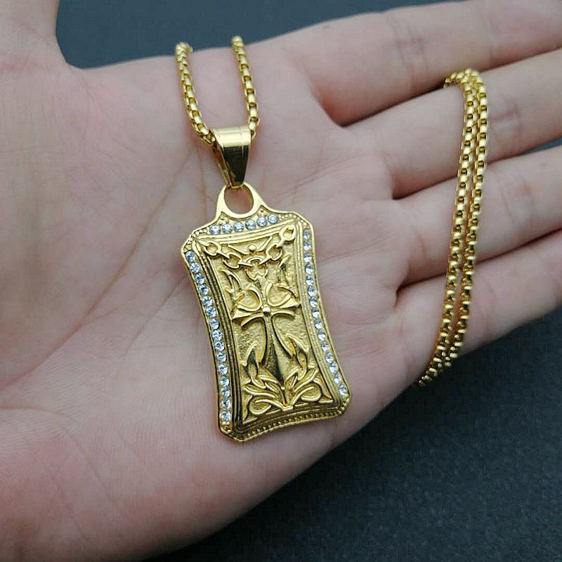 Zircon Necklace – Statement Cross Pendant In Stainless Steel Gold Plated With Hip Hop Edge