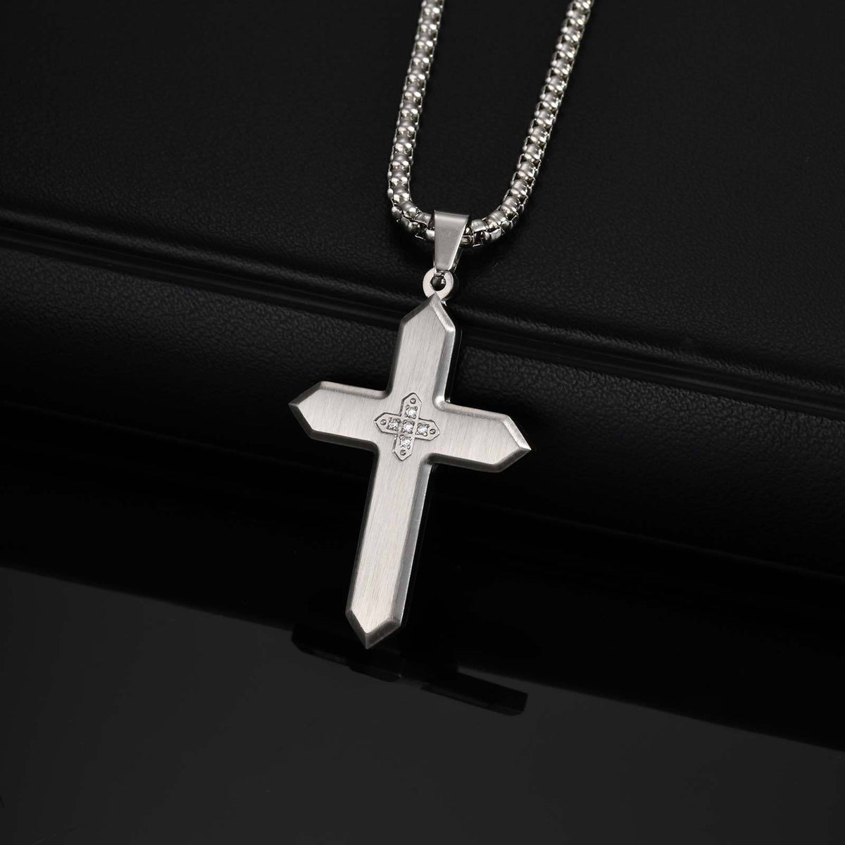 Unisex Classic Stainless Steel Inlaid Zircon Sand Surface Cross Pendant Square Pearl