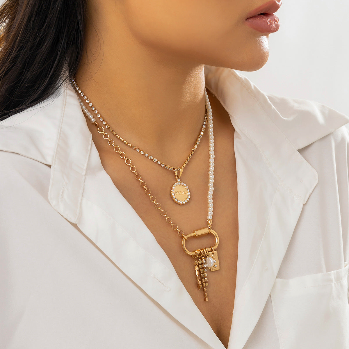 Pearl-Style Toggle Cross Fringe Necklace