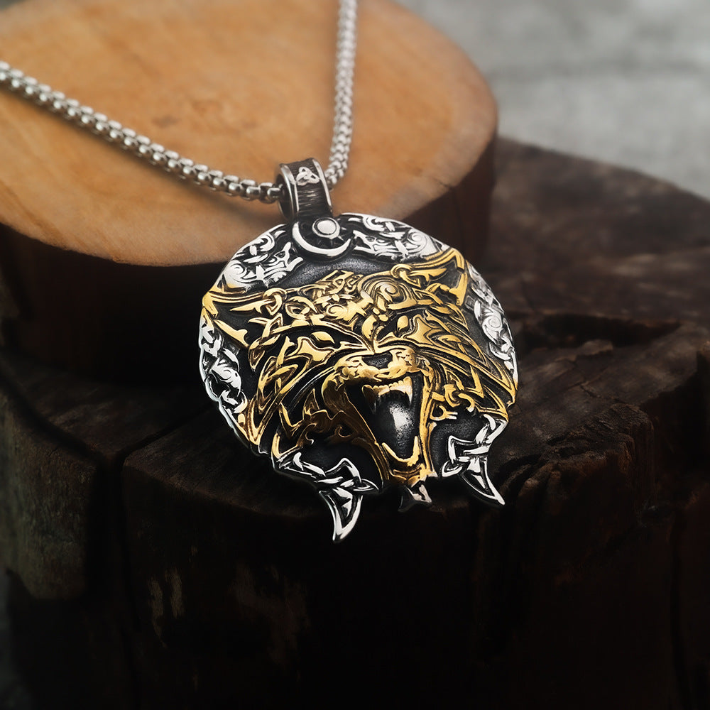 European and American Style Retro Two-Color Wolf Head Pendant
