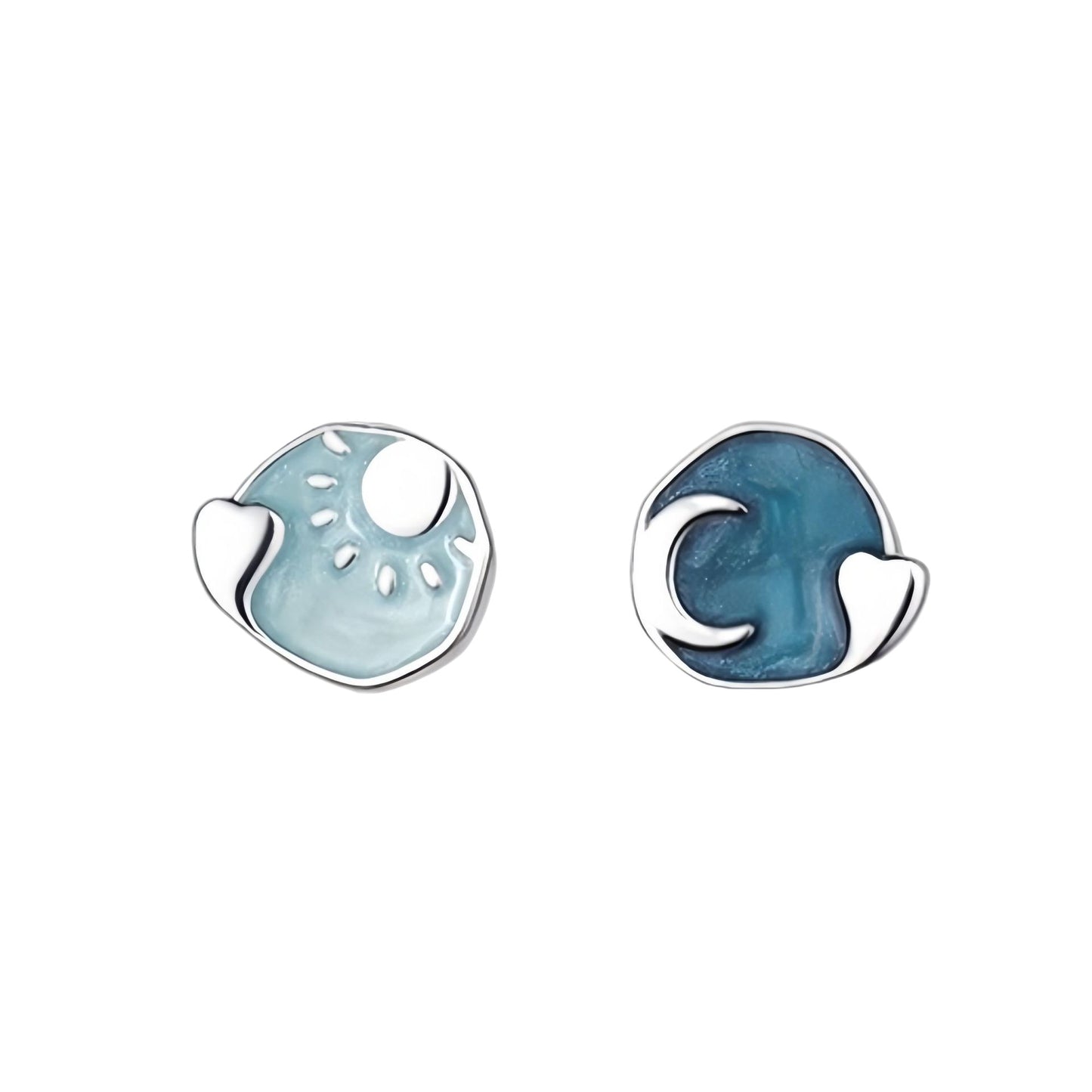 Sterling Silver Day And Night Stud Earrings With Sun Moon Motif Blue Enamel By Planderful For Women Elegant Timeless