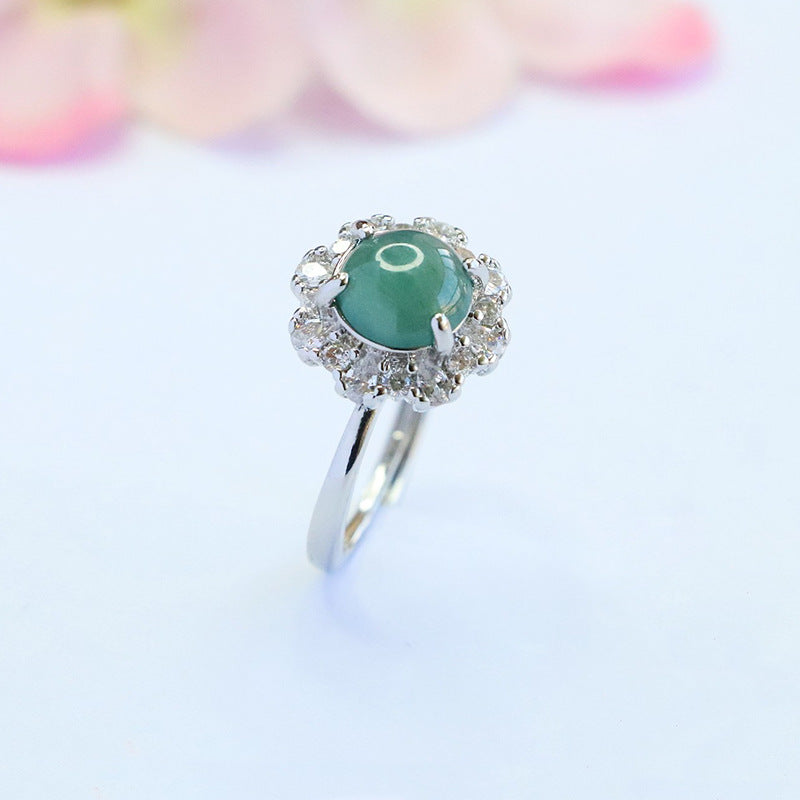 Blue-Water Jadeite Petal Zircon Ring