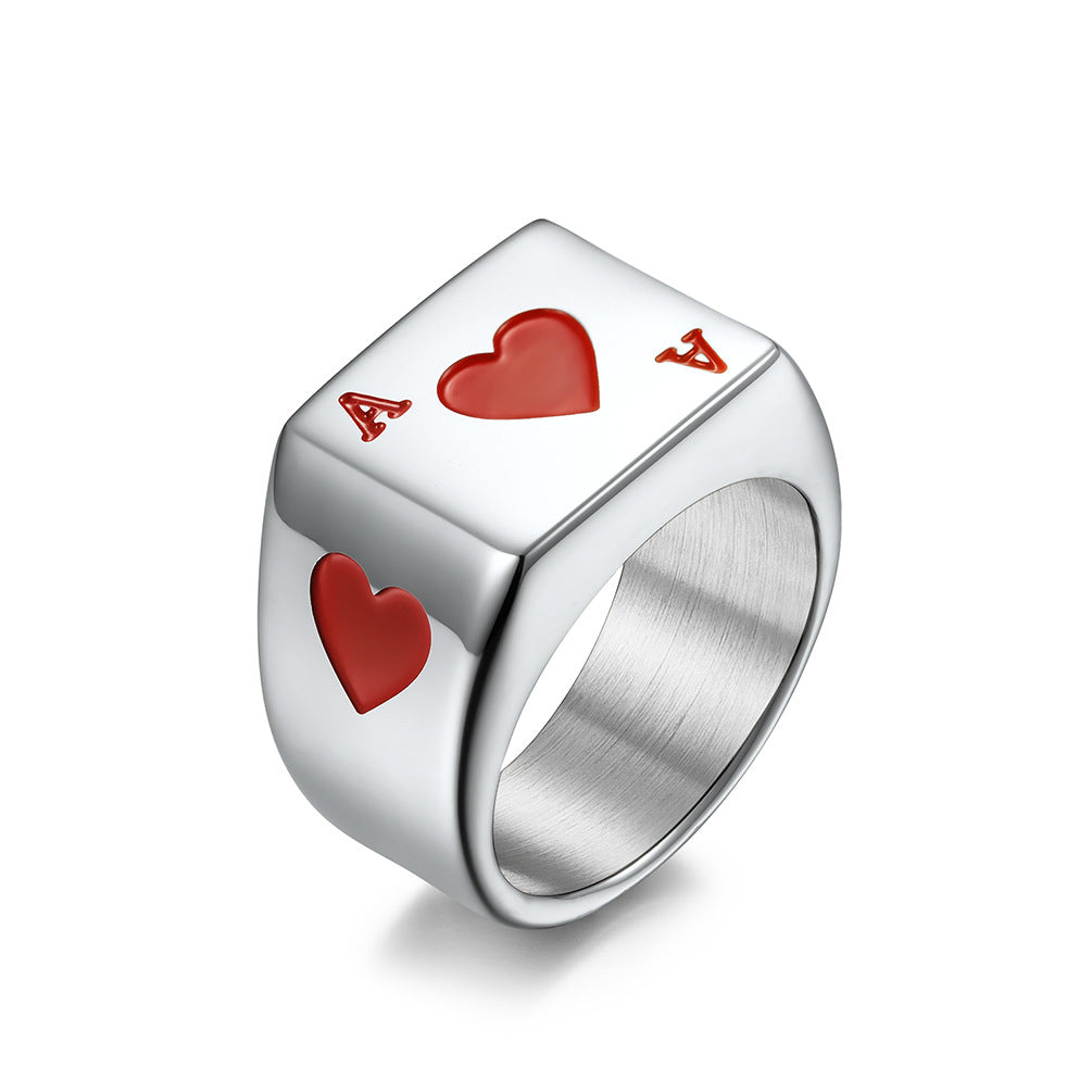 Planderful Steel Ring For Men Vintage Card Hearts Spades Design Bold Lucky Poker Jewelry