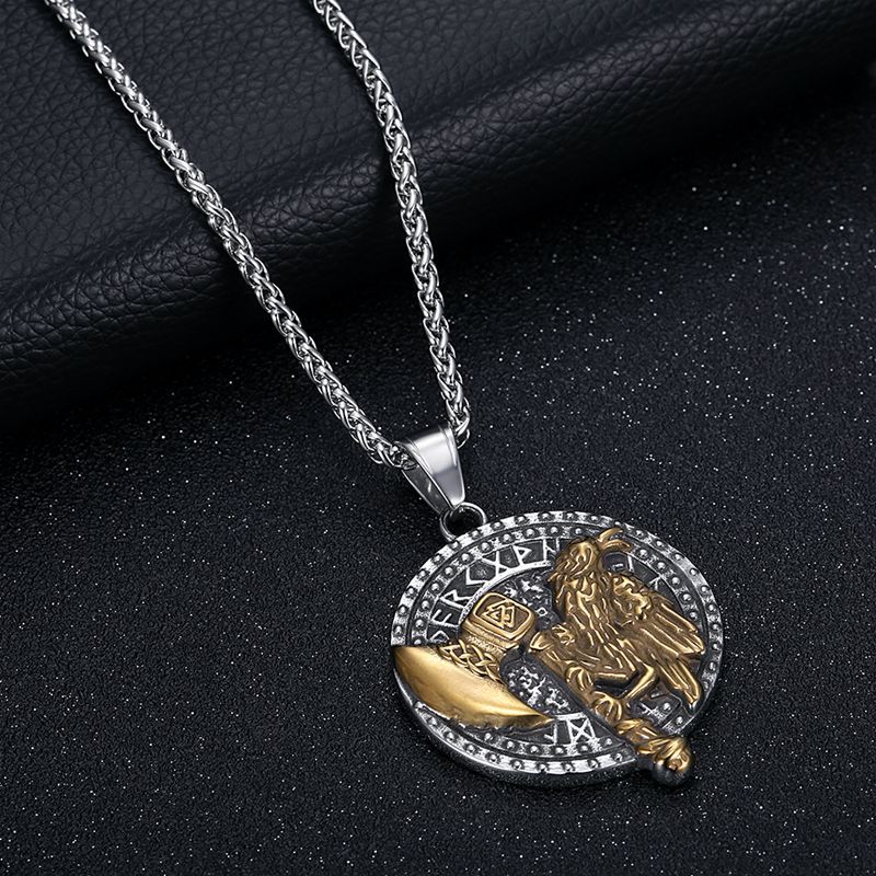 Steel Necklace - Vintage Nordic Viking Raven Tomahawk Pendant For Men With Polished Gold Plated Finish
