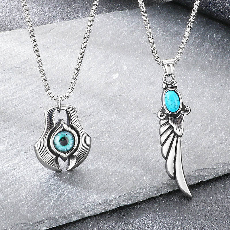 Axe Devil'S Eye Pendant, Ethnic Retro Turquoise Feather Pendant, Stainless Steel Men's Necklace
