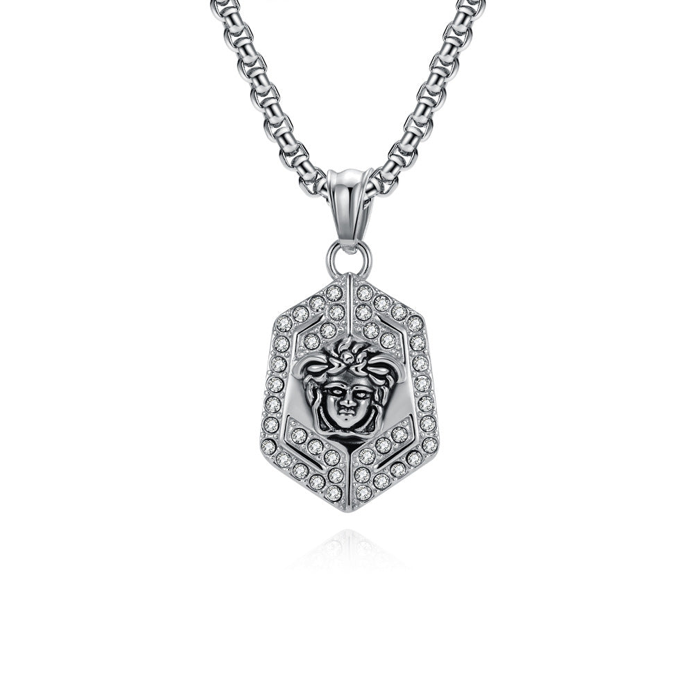 Planderful Medusa Pendant Necklace For Men Titanium Steel With Full Zircon Geometric Light Luxury