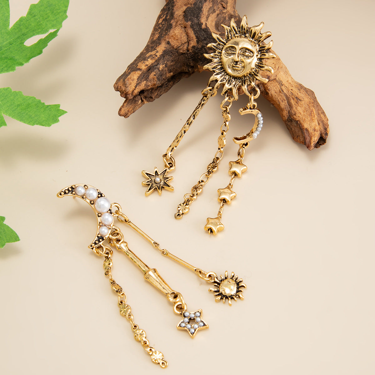 Planderful Ethnic Sun Moon Star Fringed Long Stud Earrings Imitation Pearl Versatile Statement Jewelry For Women