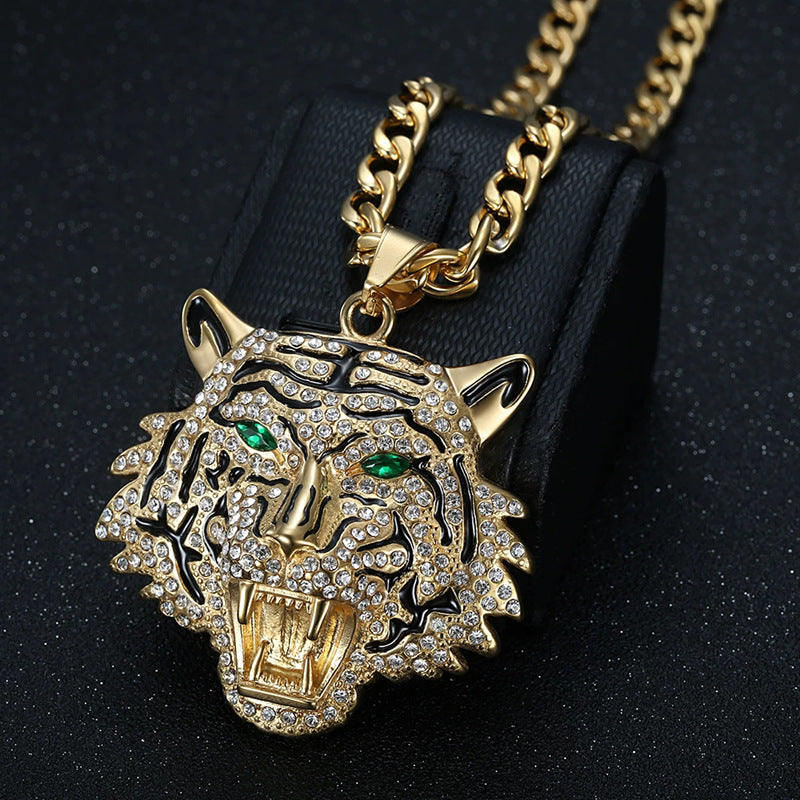 Planderful Hip Hop Jewelry Tiger Head Bottle Opener Necklace For Hip Hop Fans Stainless Steel Gold Plated Zircon
