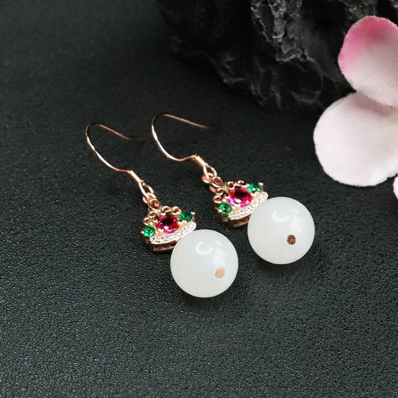 Sterling Silver Earrings with Natural Hotan White Jade and Colorful Zircon Insets