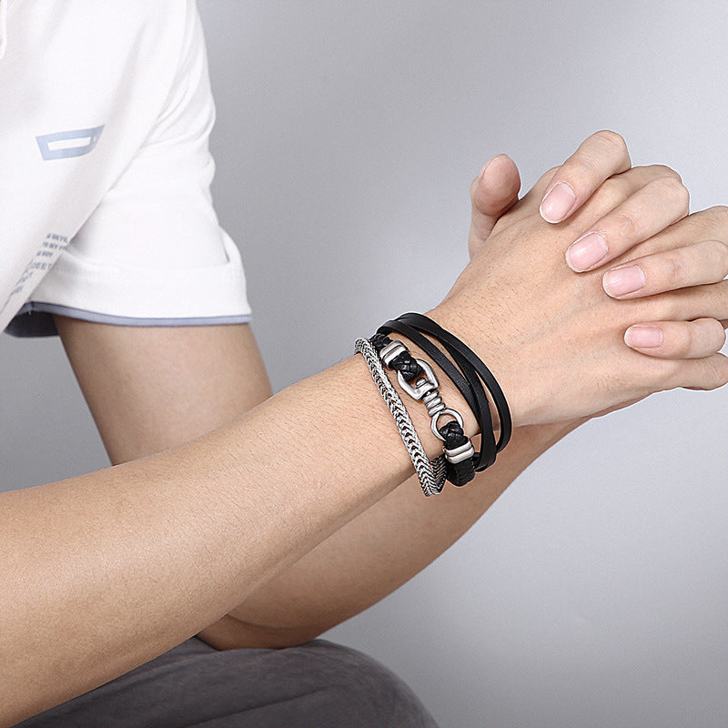 Planderful Men Leather Chain Bracelet Multi Layer Punk