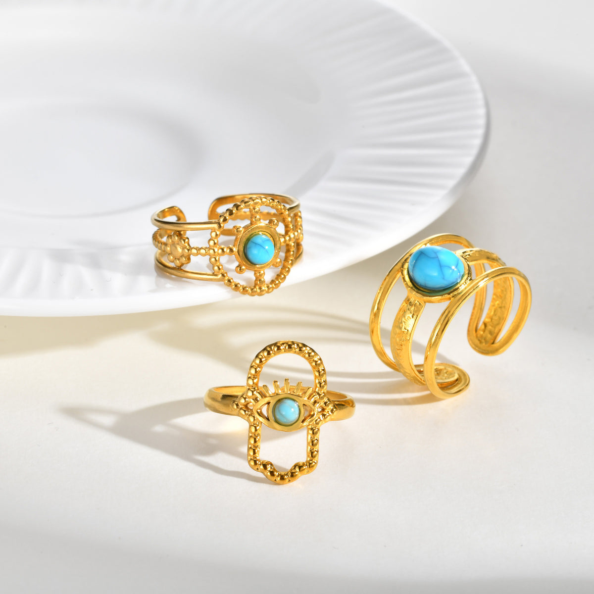Stainless Steel Casual Gentle Cure Turquoise Triple Open Ring