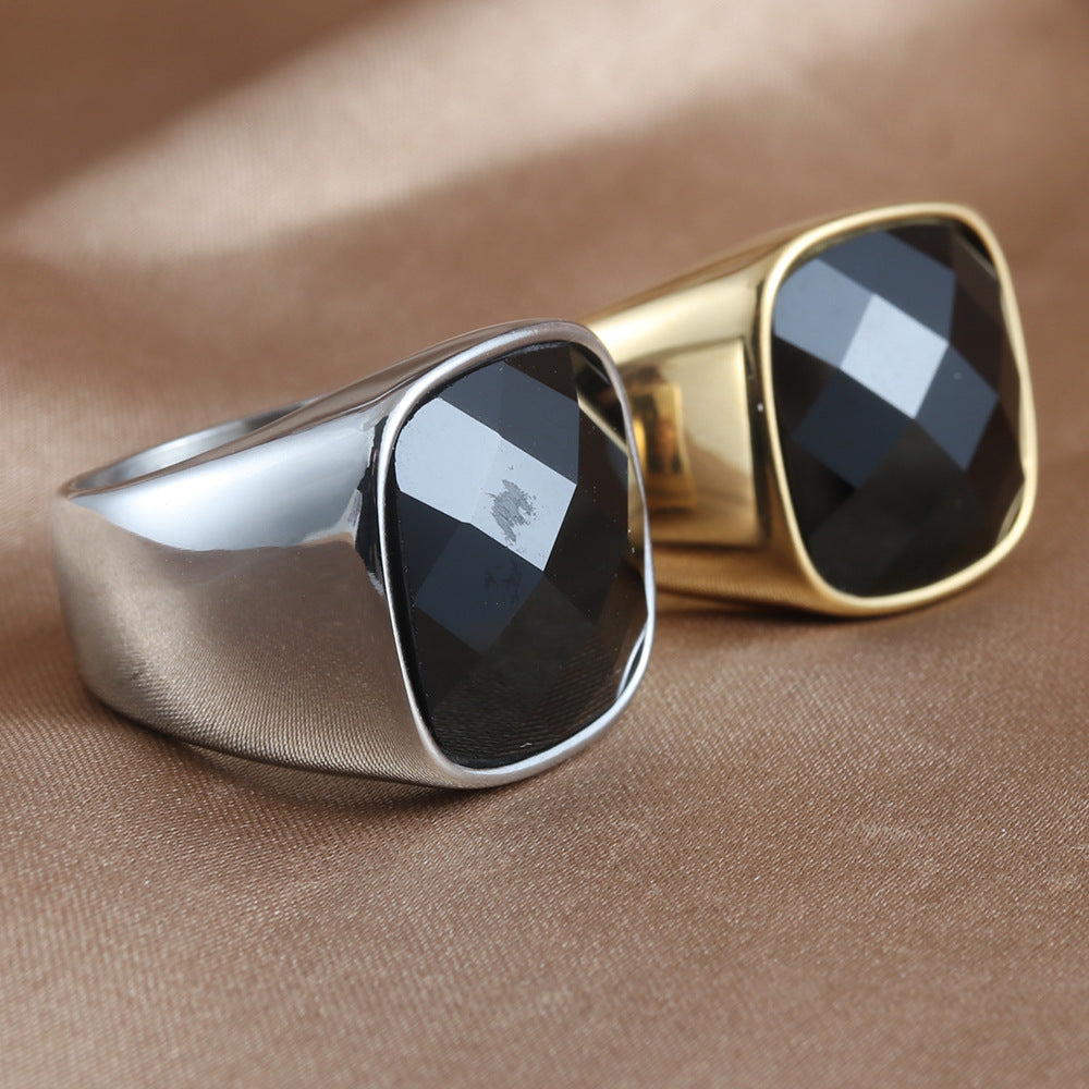 Stylish Titanium Steel Square Black Stone Ring for Men - Retro Punk Glossy Design with Personalized Touch