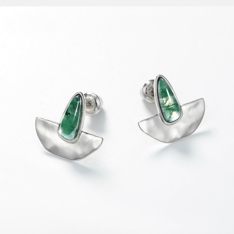 S925 Sterling Silver Moss Agate Minimalist Stud Earrings