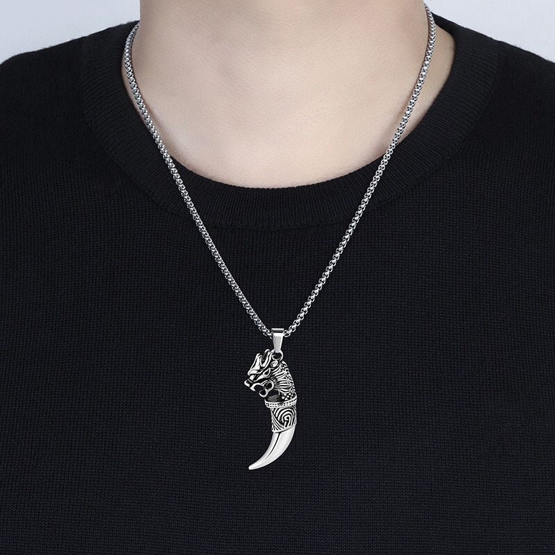 Planderful Viking Wolf Fang Necklace For Men Stainless Steel With Titanium Finish Norse Symbol Pendant