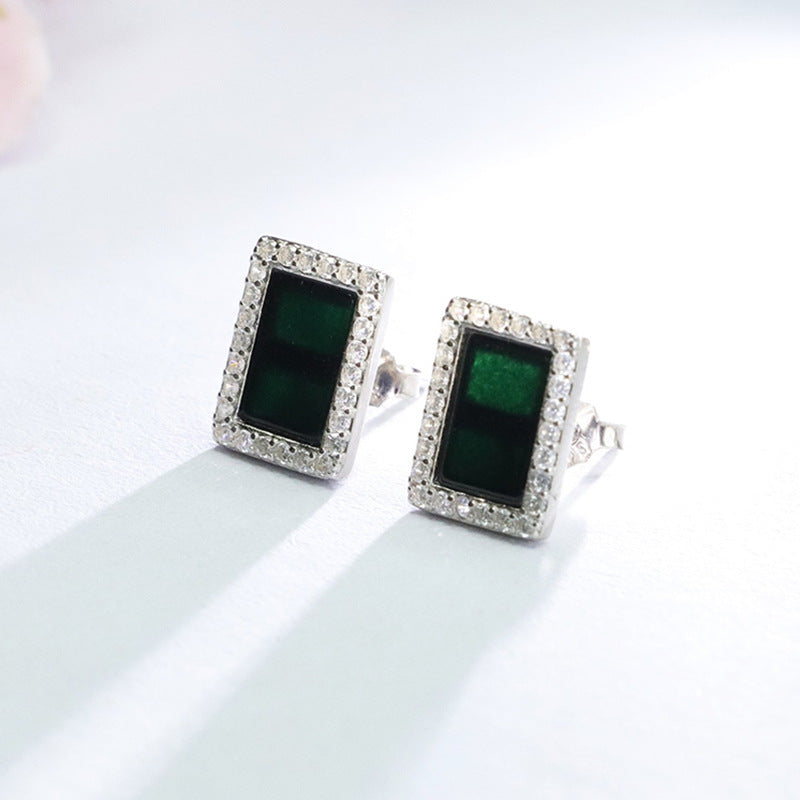 Dark Jadeite Square 925 Silver Stud Earrings