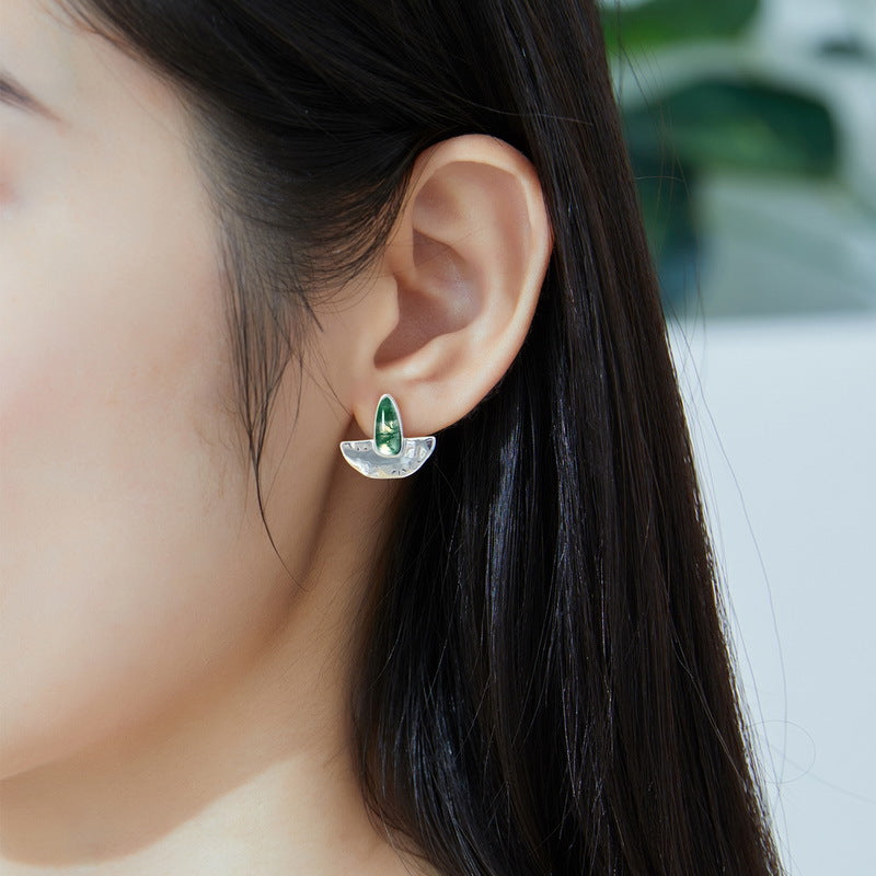 S925 Sterling Silver Moss Agate Minimalist Stud Earrings