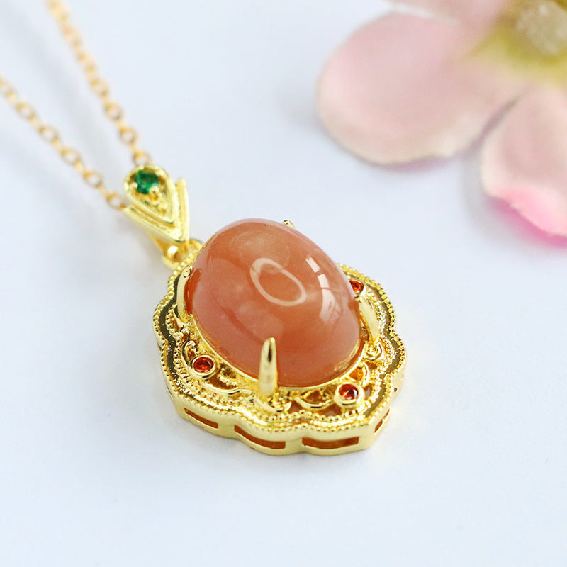 Orange Moonstone Vintage Teardrop Pendant — No Chain