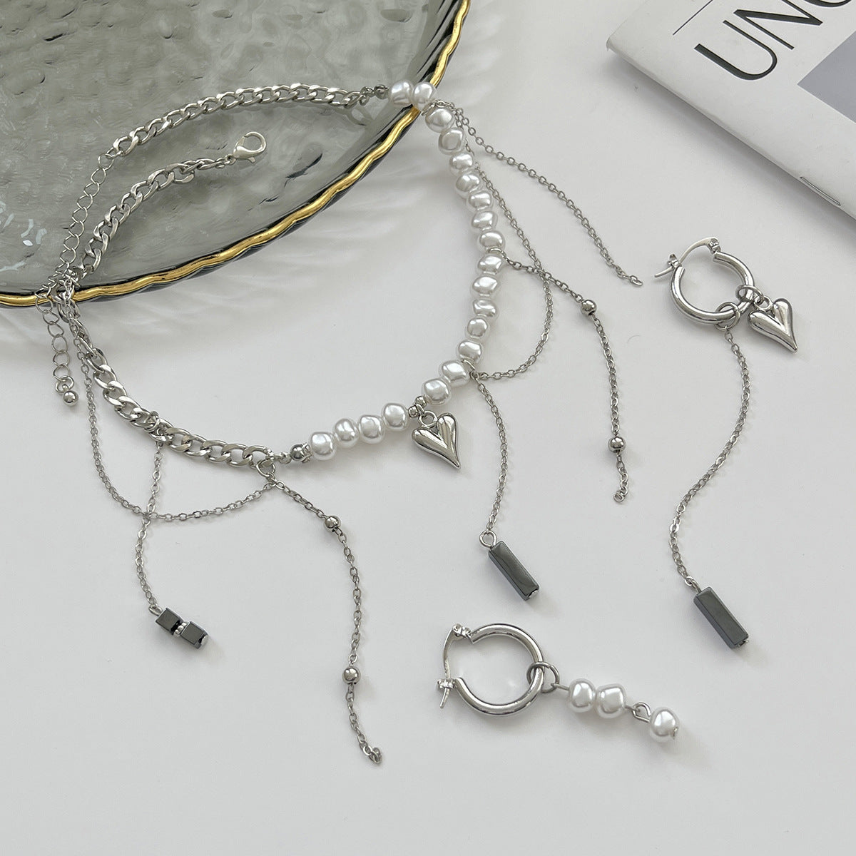 Asymmetrical Heart Pearl Jewelry Set
